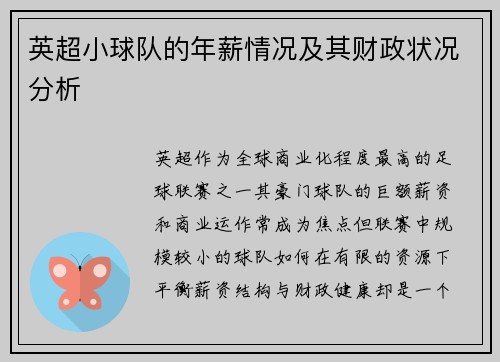 英超小球队的年薪情况及其财政状况分析